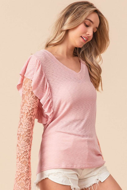 BiBi Ruffled Lace Sleeve Rib Knit Top - MimiStylez