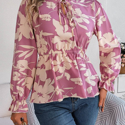 Printed Tie Neck Flounce Sleeve Blouse - MimiStylez
