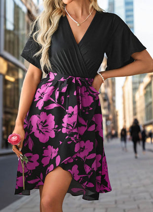 Tied Printed Surplice Short Sleeve Dress - MimiStylez