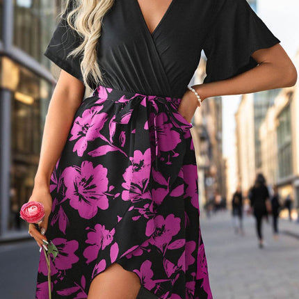 Tied Printed Surplice Short Sleeve Dress - MimiStylez