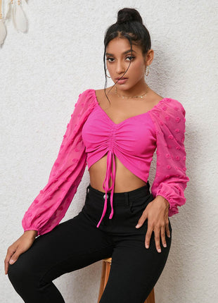 Swiss Dot Drawstring Cropped Blouse - MimiStylez