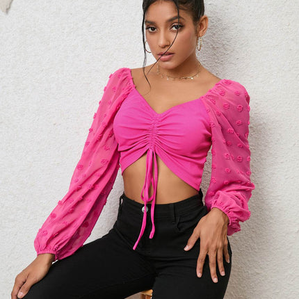 Swiss Dot Drawstring Cropped Blouse - MimiStylez