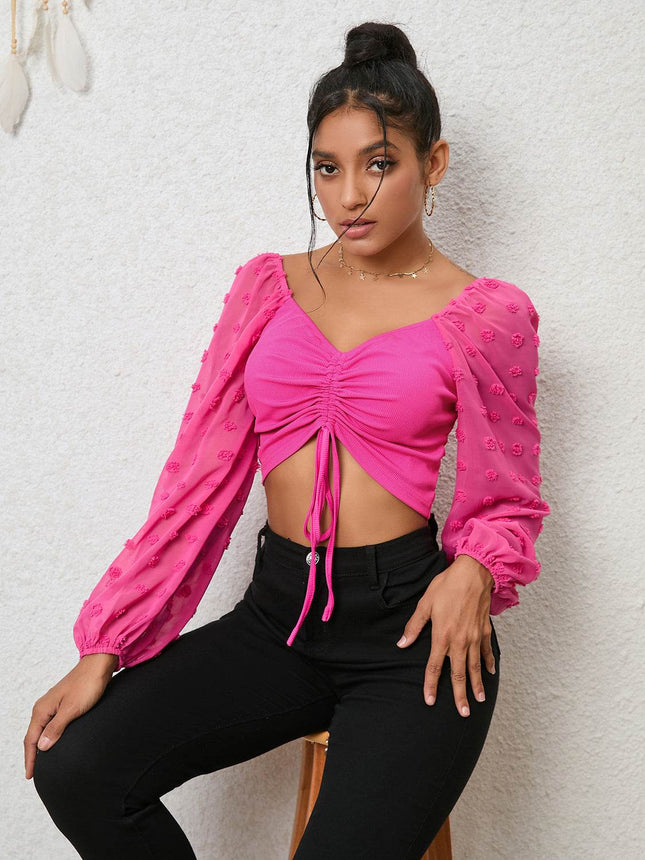 Swiss Dot Drawstring Cropped Blouse - MimiStylez