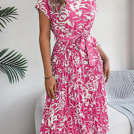 Tied Pleated Printed Short Sleeve Dress - MimiStylez