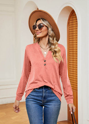 Buttoned Notched Neck Long Sleeve Top - MimiStylez