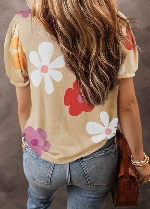 Flower Round Neck Short Sleeve Blouse - MimiStylez