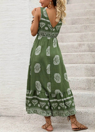 Printed V-Neck Sleeveless Dress - MimiStylez