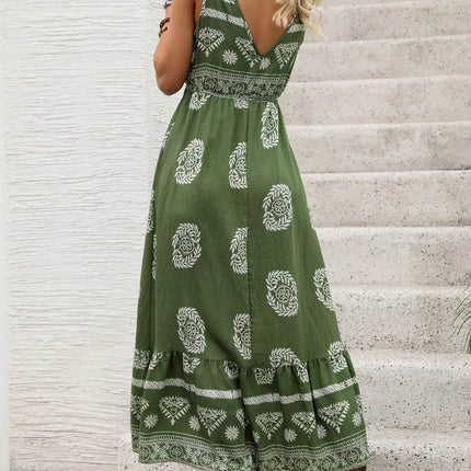 Printed V-Neck Sleeveless Dress - MimiStylez