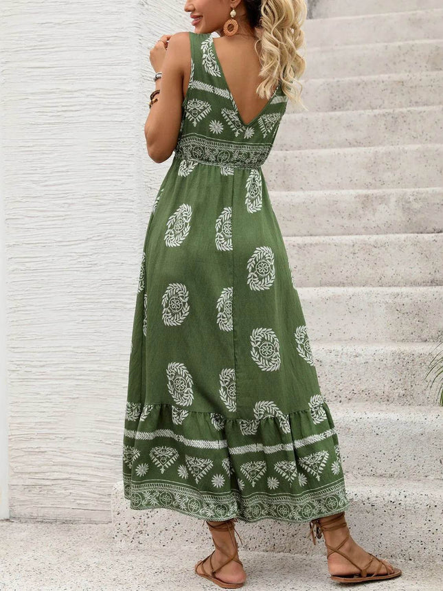 Printed V-Neck Sleeveless Dress - MimiStylez