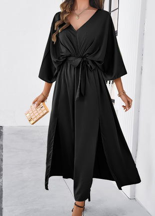 Vestido de manga tres cuartos con cuello en V y abertura anudada