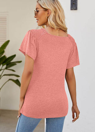 Smocked Round Neck Flutter Sleeve T-Shirt - MimiStylez