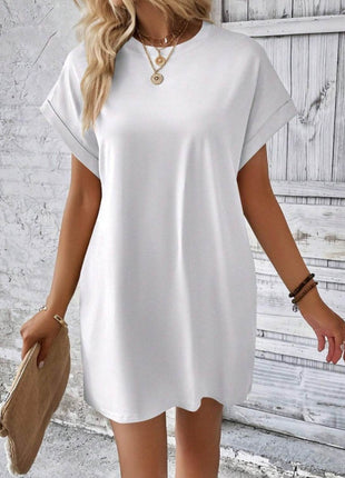 Pocketed Round Neck Short Sleeve Dress - MimiStylez