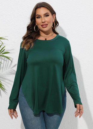 Plus Size Round Neck Long Sleeve Slit T-Shirt - MimiStylez