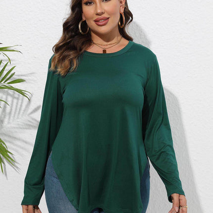 Plus Size Round Neck Long Sleeve Slit T-Shirt - MimiStylez