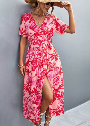 Floral Print High Slit Surplice Neck Tie Waist Midi Dress - MimiStylez