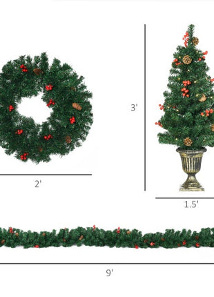 Prelit Christmas 4-Piece Set, Garland Wreath And Set Of 2 Entrance Trees With Warm White LED Lights, Red Berries, Pine Cones, Green