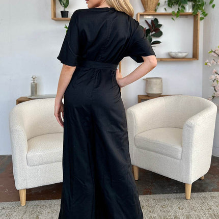 Double Take Full Size V-Neck Tie Front Short Sleeve Slit Jumpsuit - MimiStylez