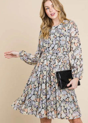Lime 'N' Chili Chiffon Floral Print Belted Dress with Back Zipper - MimiStylez