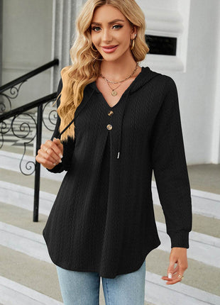 Decorative Button Drawstring Long Sleeve Hoodie - MimiStylez