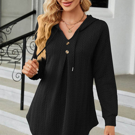 Decorative Button Drawstring Long Sleeve Hoodie - MimiStylez
