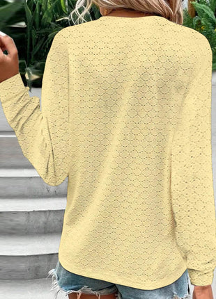 Eyelet Notched Long Sleeve T-Shirt - MimiStylez