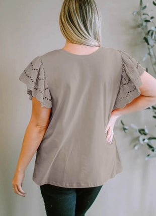 Plus Size Eyelet Round Neck Short Sleeve Blouse - MimiStylez