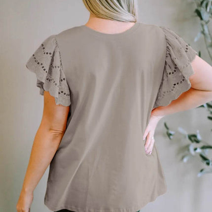 Plus Size Eyelet Round Neck Short Sleeve Blouse - MimiStylez