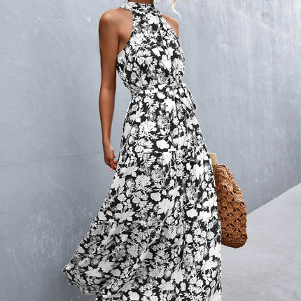 Printed Sleeveless Tie Waist Maxi Dress - MimiStylez