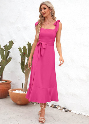 Square Neck Tie Strap Midi Dress - MimiStylez
