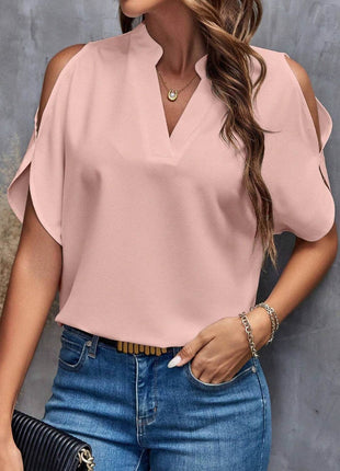 Notched Cold Shoulder Half Sleeve Blouse - MimiStylez