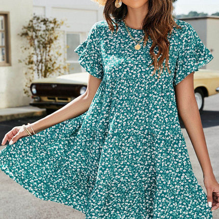 Short Flounce Sleeve Tiered Dress - MimiStylez
