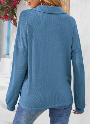 Half Button Collared Neck Long Sleeve Top - MimiStylez