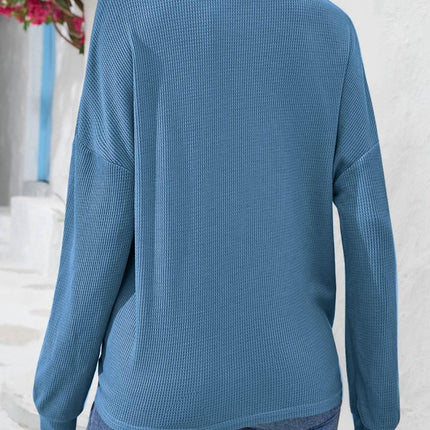 Half Button Collared Neck Long Sleeve Top - MimiStylez