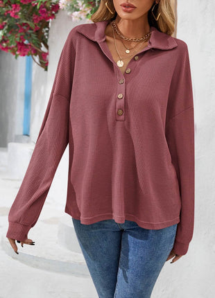 Half Button Collared Neck Long Sleeve Top - MimiStylez