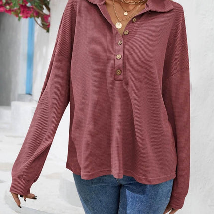 Half Button Collared Neck Long Sleeve Top - MimiStylez