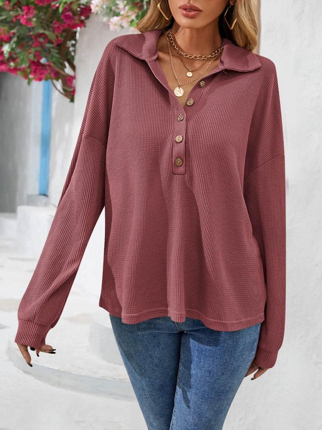 Half Button Collared Neck Long Sleeve Top - MimiStylez