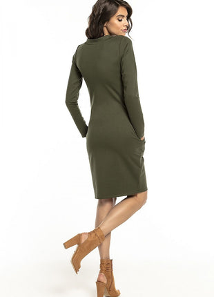 Elegant Cotton Knit Dress with V - Neckline & Side Pockets - MimiStylez