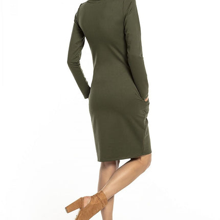 Elegant Cotton Knit Dress with V - Neckline & Side Pockets - MimiStylez