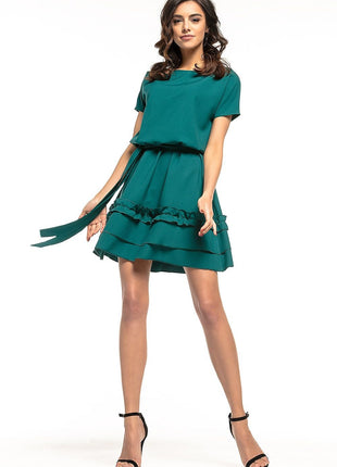 Elegant Flared Dress with Double Frill & Waist Belt - MimiStylez
