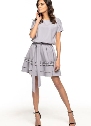 Elegant Flared Dress with Double Frill & Waist Belt - MimiStylez
