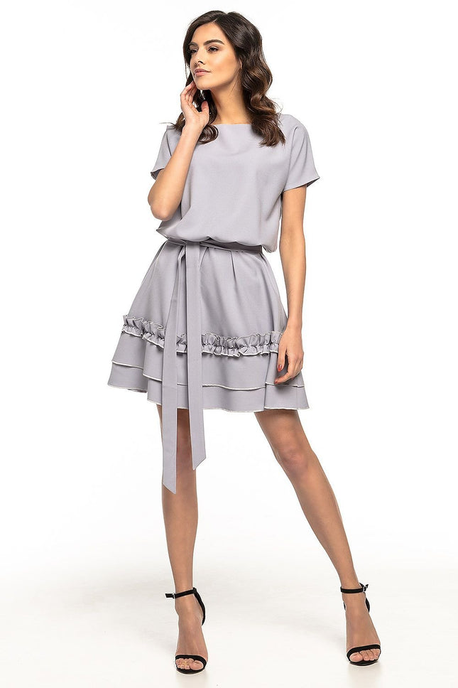 Elegant Flared Dress with Double Frill & Waist Belt - MimiStylez