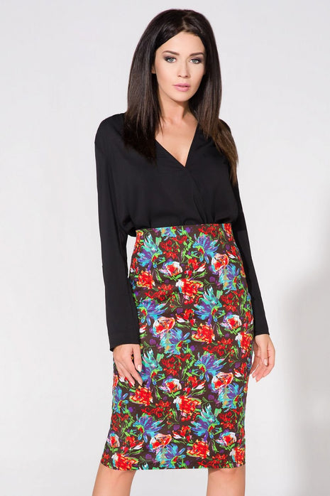 Elegant Floral Pencil Skirt with Back Slit & Decorative Zipper - MimiStylez