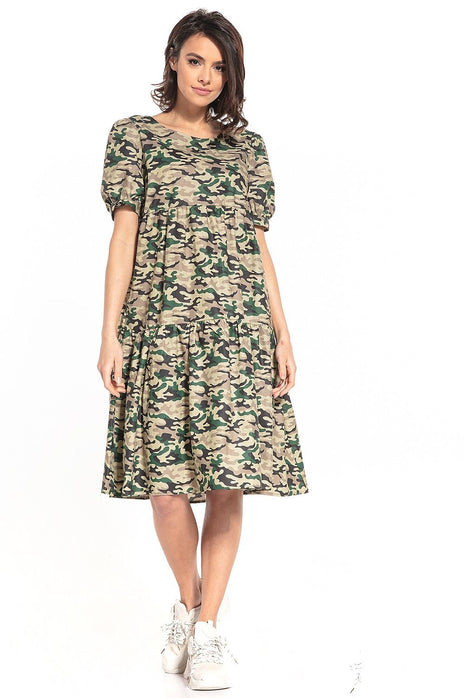 Elegant Floral Print Midi Dress with Boat Neckline & Short Buffet Sleeves - MimiStylez