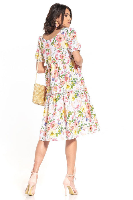 Elegant Floral Print Midi Dress with Boat Neckline & Short Buffet Sleeves - MimiStylez