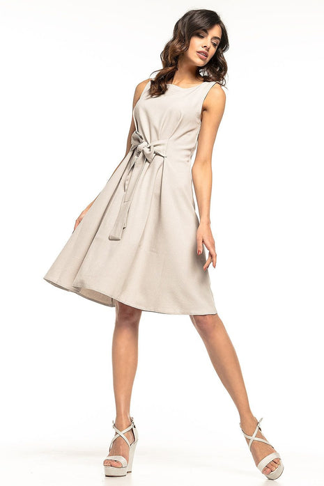 Elegant Linen - Effect Tie Dress with Flared Bottom & Decorative Button - MimiStylez