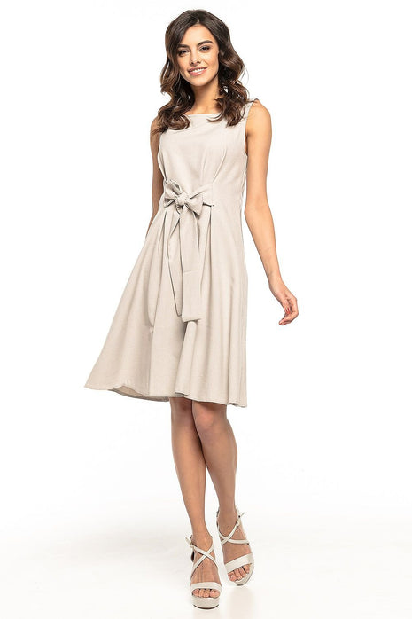 Elegant Linen - Effect Tie Dress with Flared Bottom & Decorative Button - MimiStylez