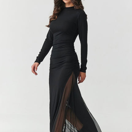 Elegant Long Dress with Tulle Inserts & High Neckline - MimiStylez
