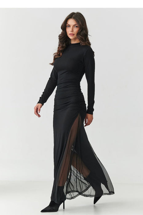 Elegant Long Dress with Tulle Inserts & High Neckline - MimiStylez