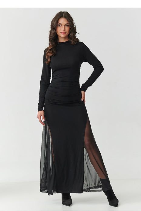 Elegant Long Dress with Tulle Inserts & High Neckline - MimiStylez
