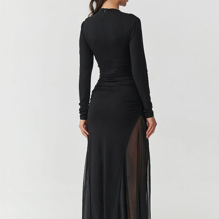 Elegant Long Dress with Tulle Inserts & High Neckline - MimiStylez